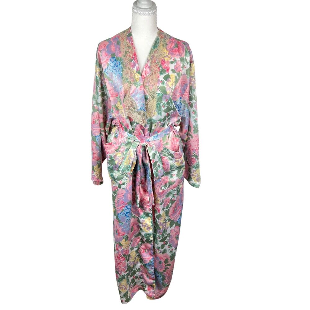 Vintage Gold Label Victoria's Secret Floral Satin Maxi Robe Kimono Lace Medium